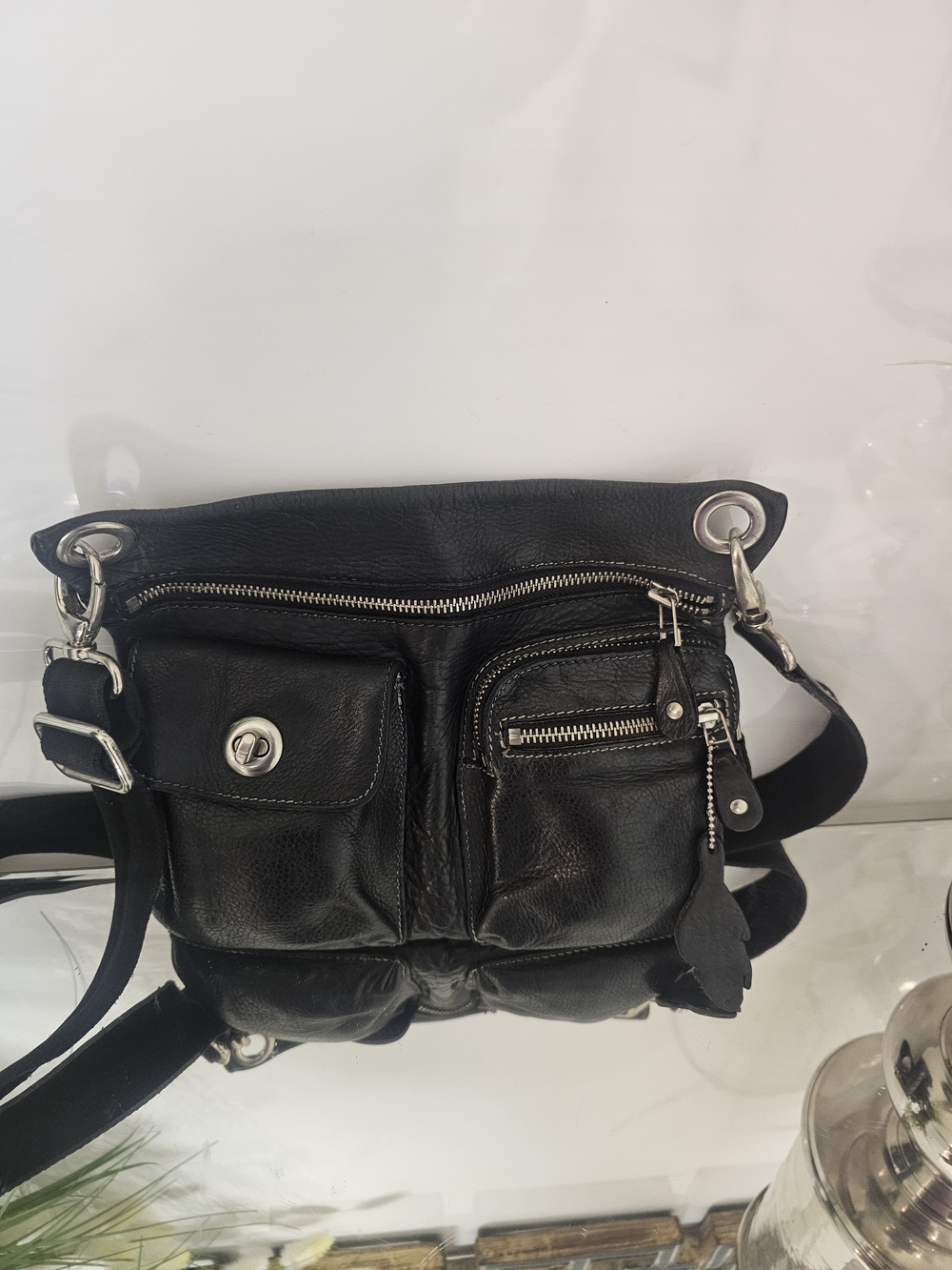 Roots Black Leather Belt Bag with Multiple Pockets
